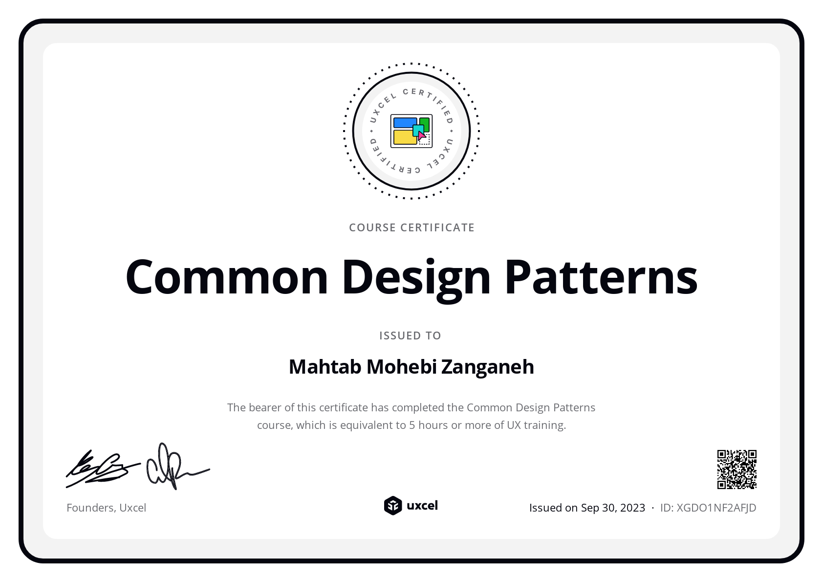 Mahtab Mohebi Zanganeh's certificate